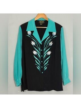 Bob Mackie Wearable Art Silk Blouse 1X Teal Black Floral